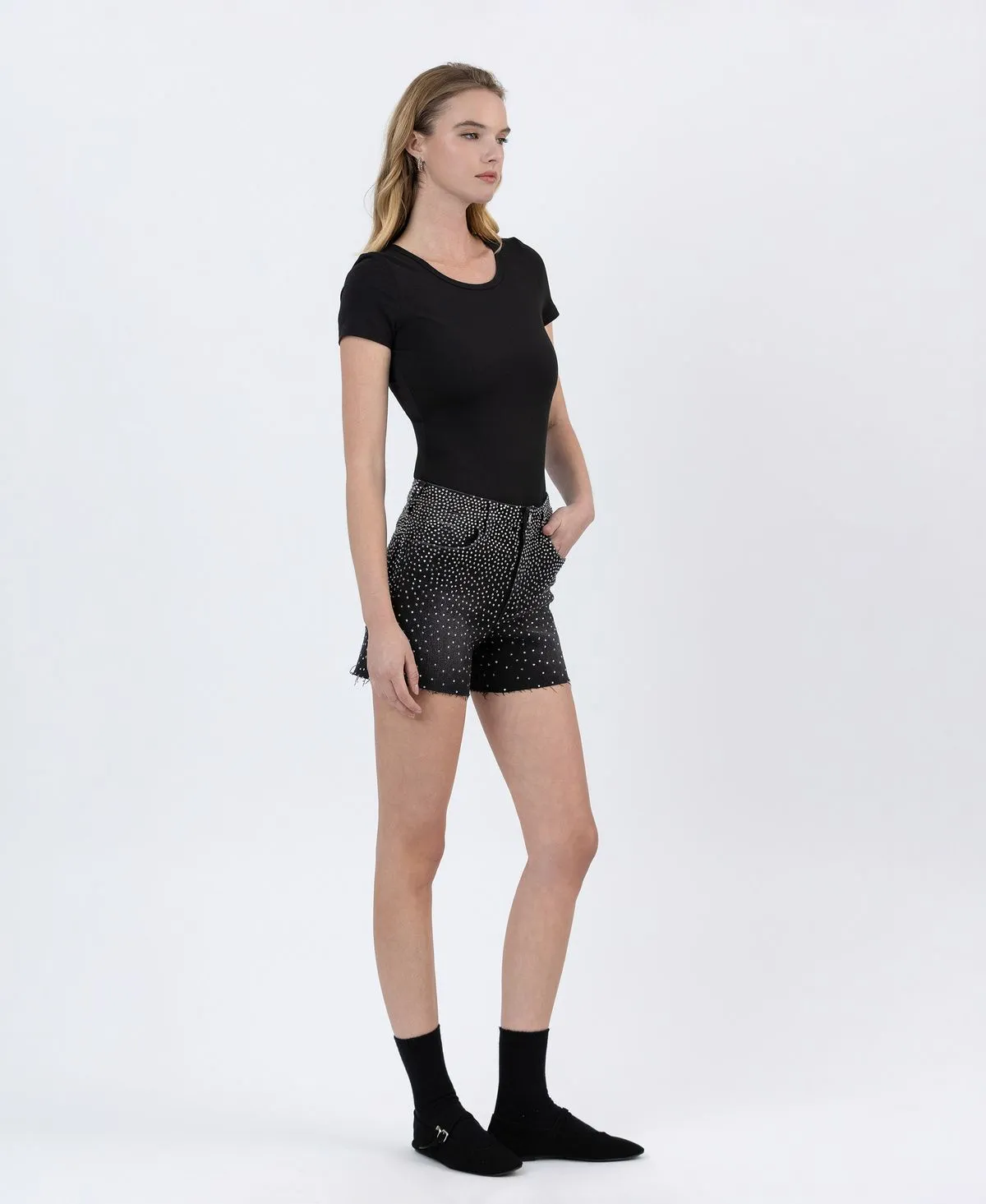 Black Rhinestone A-Line Denim Shorts  Lovervet by Vervet