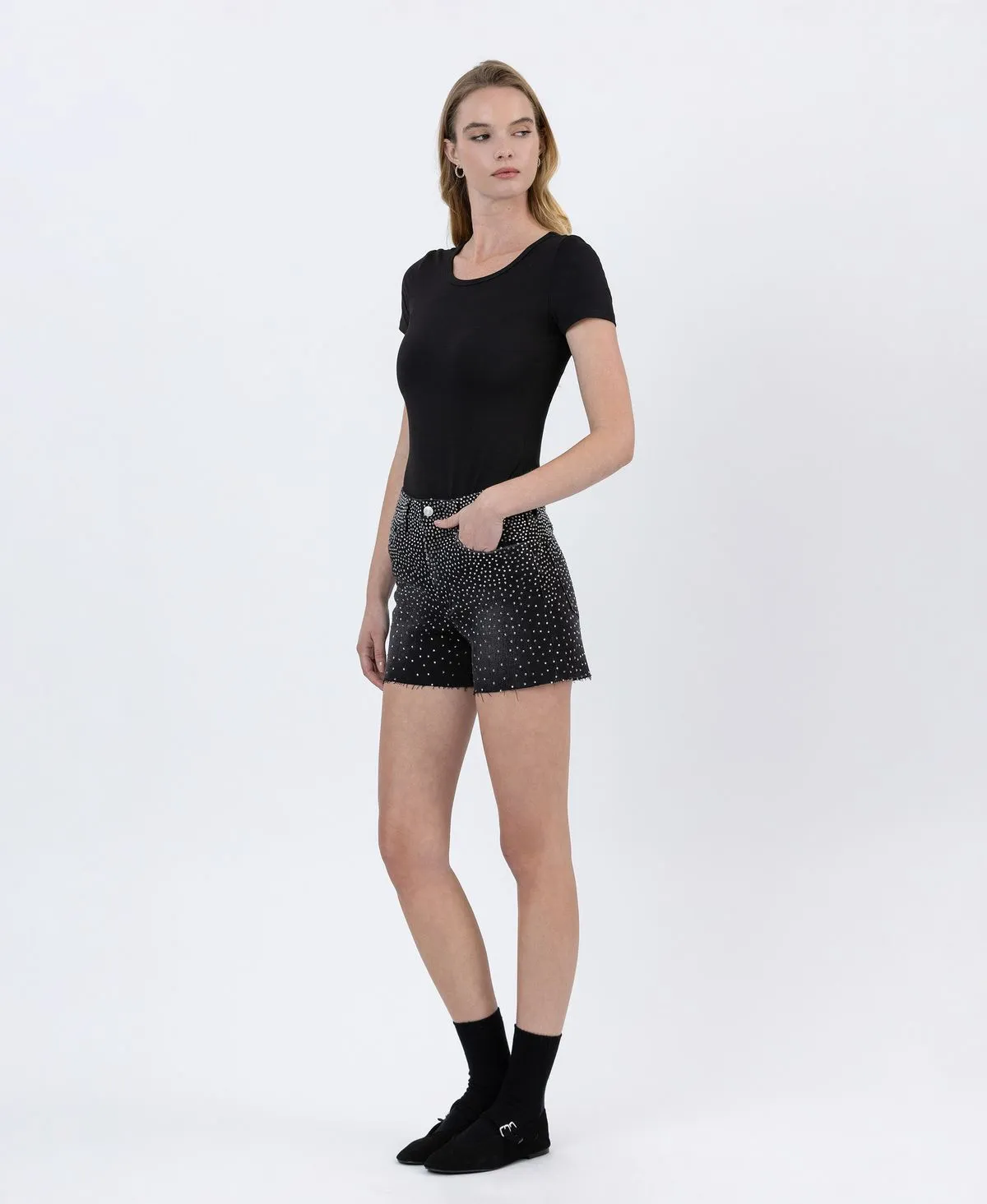 Black Rhinestone A-Line Denim Shorts  Lovervet by Vervet