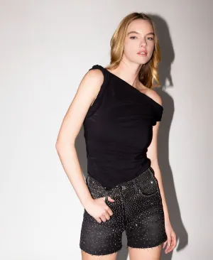 Black Rhinestone A-Line Denim Shorts  Lovervet by Vervet