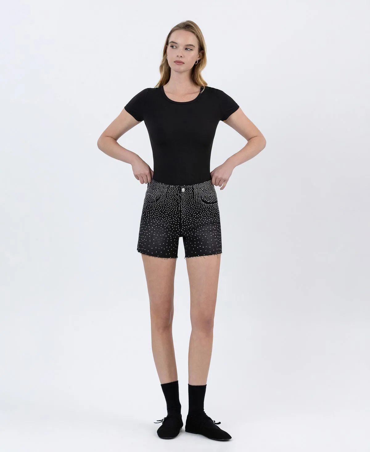Black Rhinestone A-Line Denim Shorts  Lovervet by Vervet
