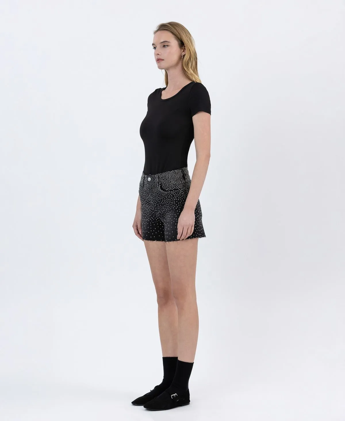 Black Rhinestone A-Line Denim Shorts  Lovervet by Vervet