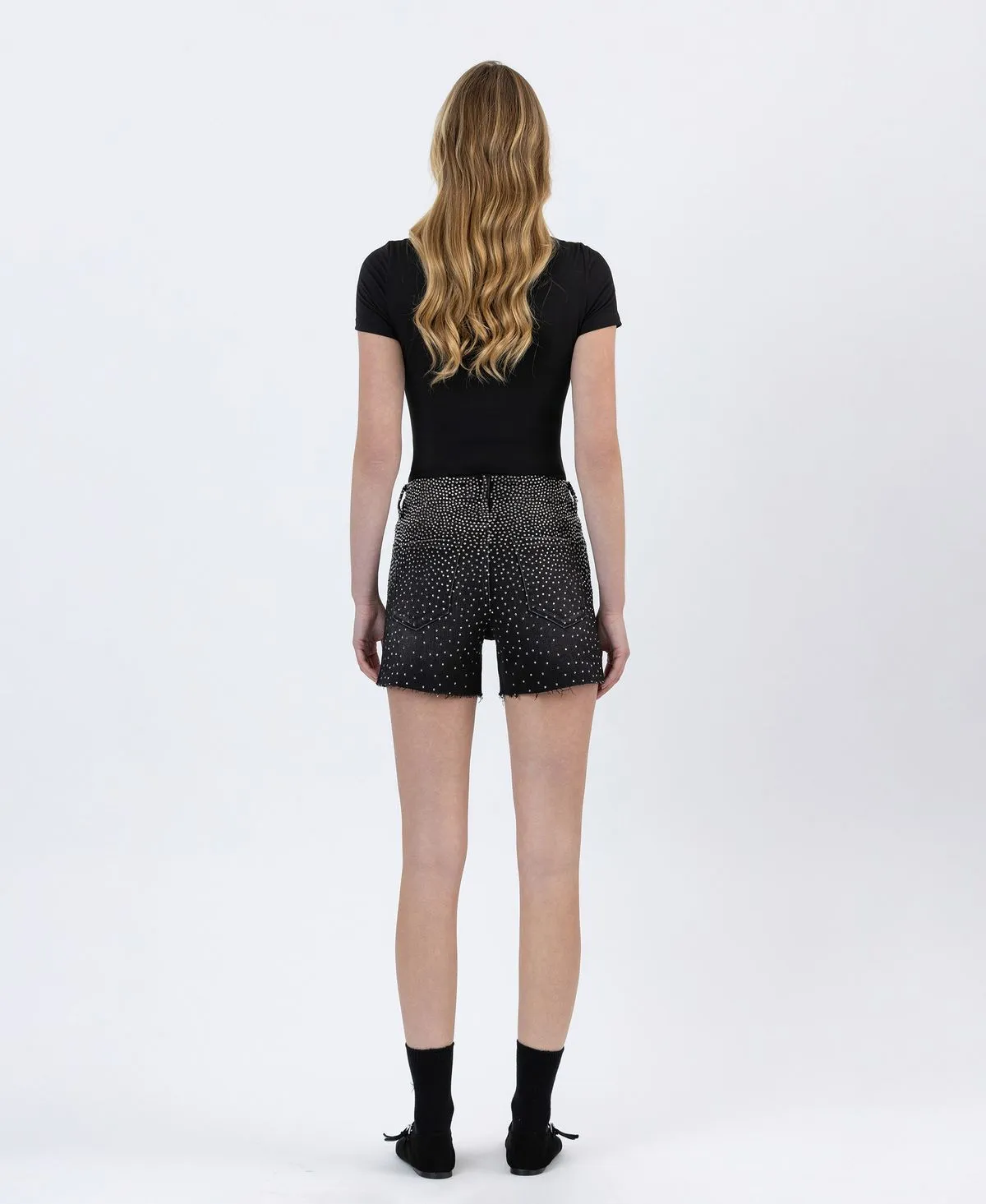 Black Rhinestone A-Line Denim Shorts  Lovervet by Vervet