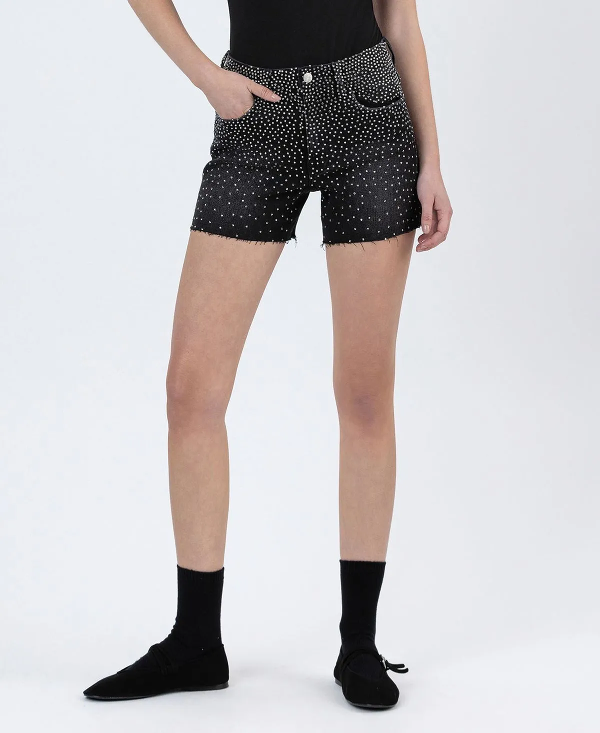 Black Rhinestone A-Line Denim Shorts  Lovervet by Vervet