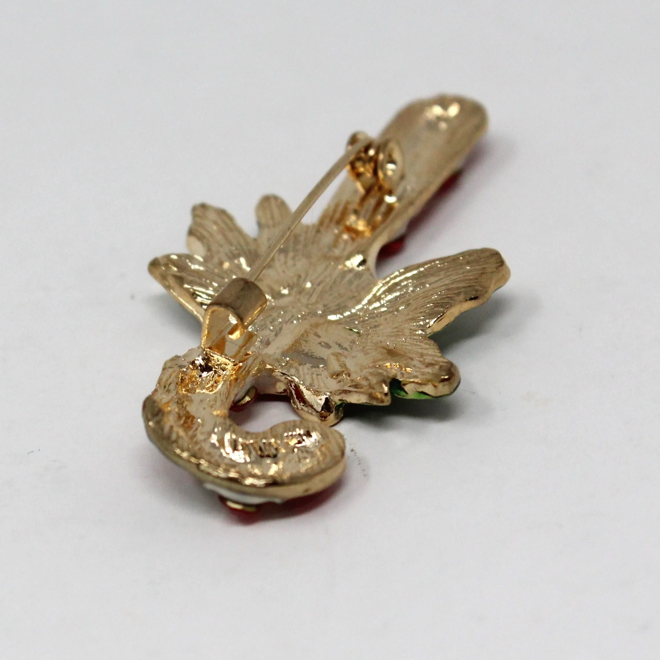 Brooch / Pin, Candy Cane Red Rhinestones, Red, White, Green Enamel, Vintage Christmas