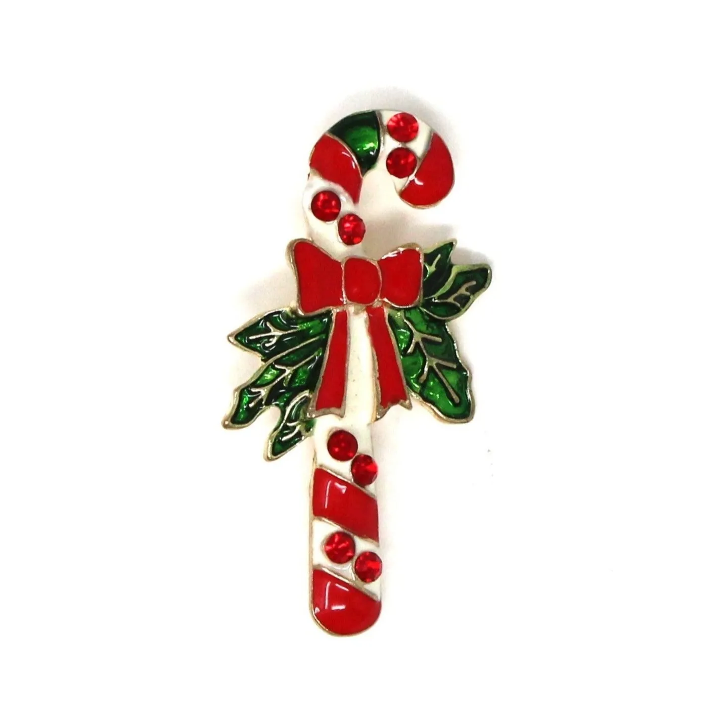 Brooch / Pin, Candy Cane Red Rhinestones, Red, White, Green Enamel, Vintage Christmas