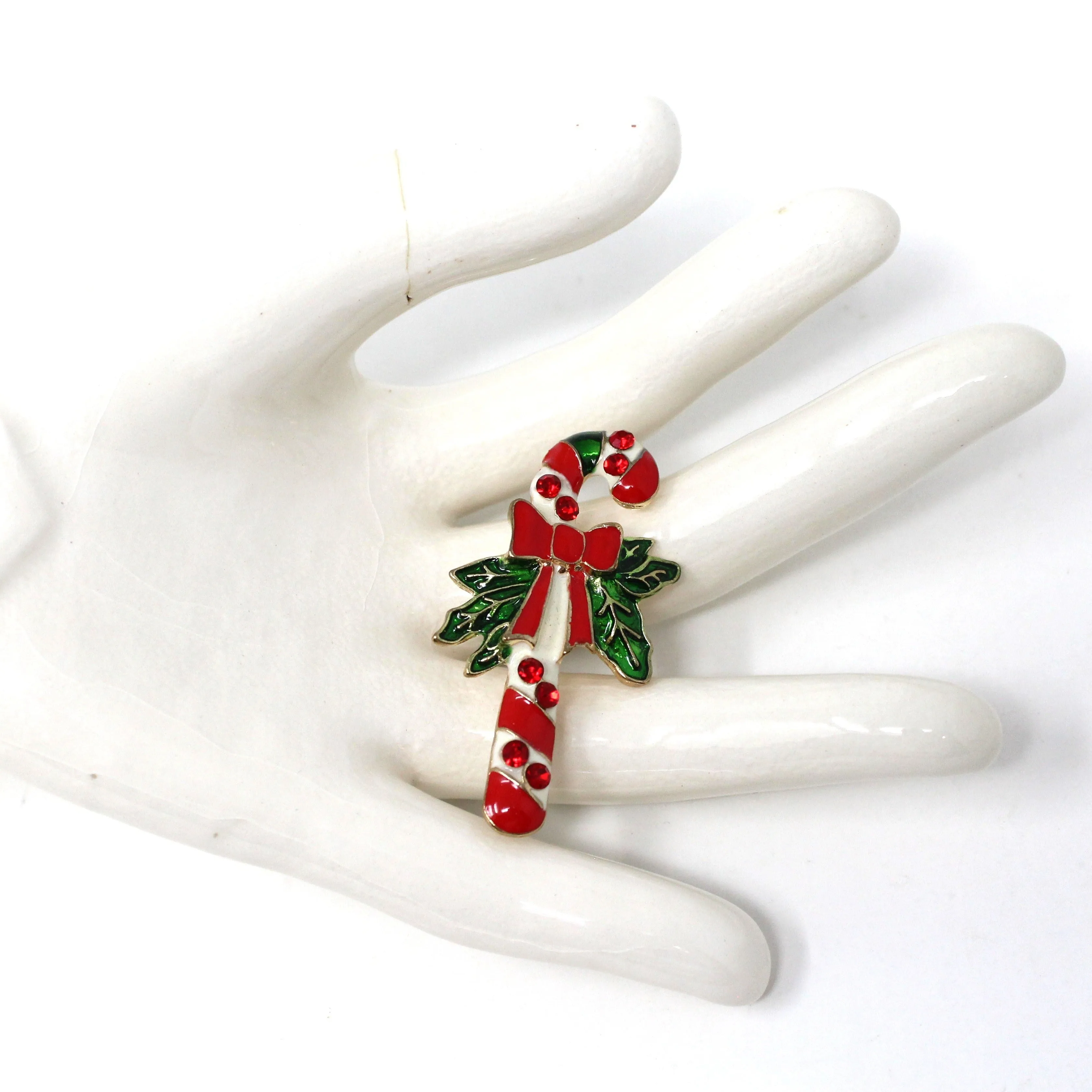 Brooch / Pin, Candy Cane Red Rhinestones, Red, White, Green Enamel, Vintage Christmas
