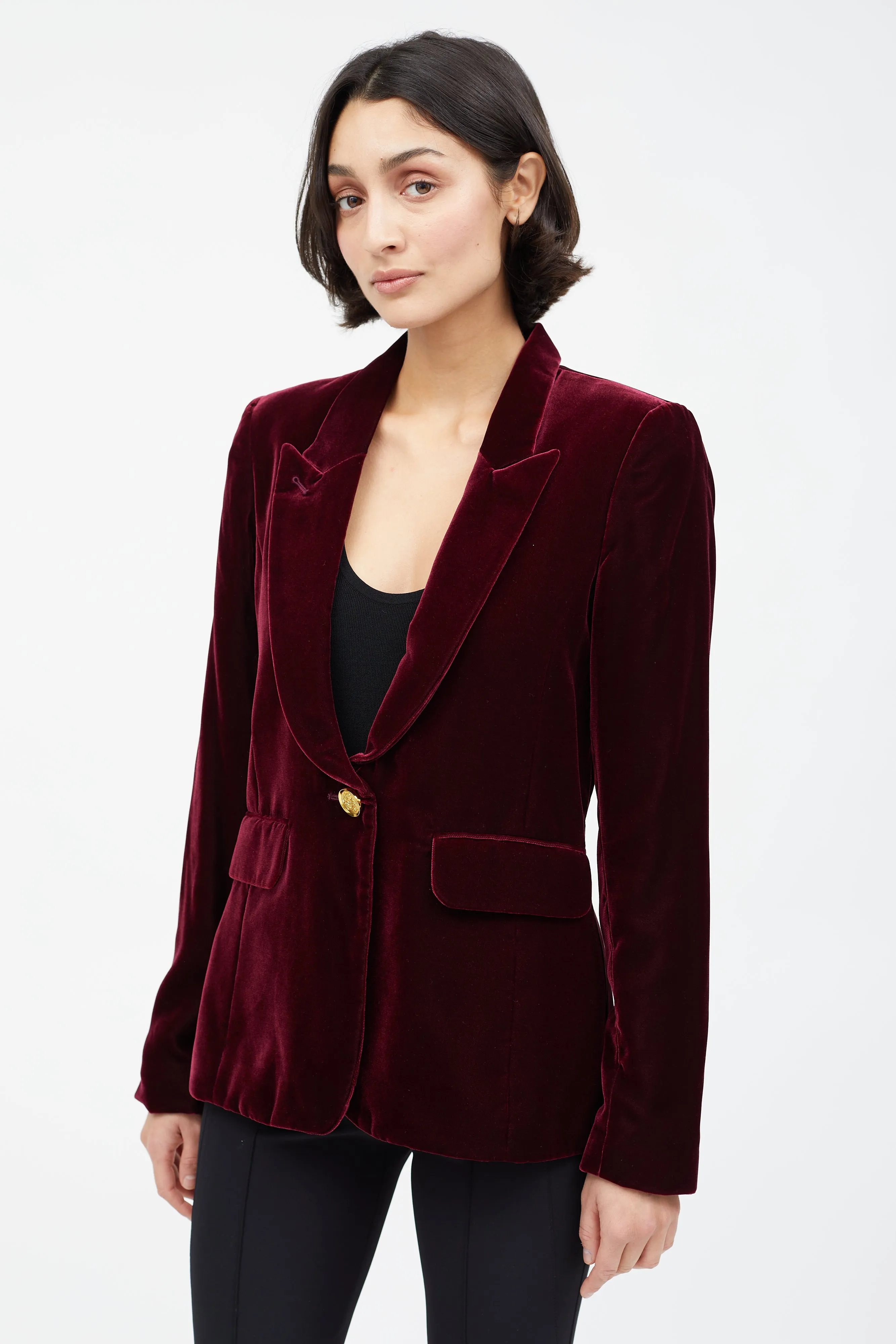 Burgundy Velvet Single Button Blazer