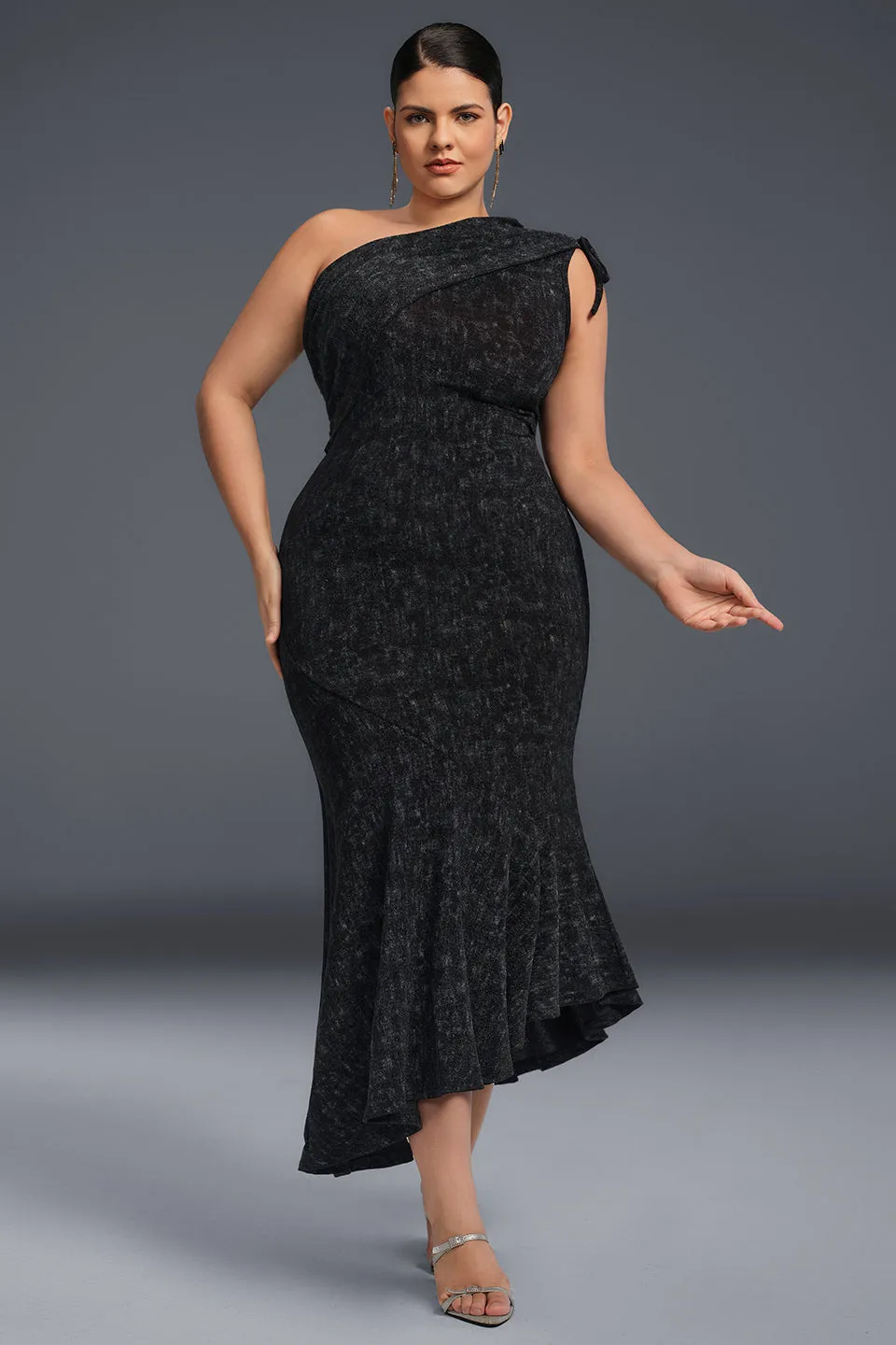 Curveins Plus Size One-Shoulder Asymmetrical Hem Bodycon Dress