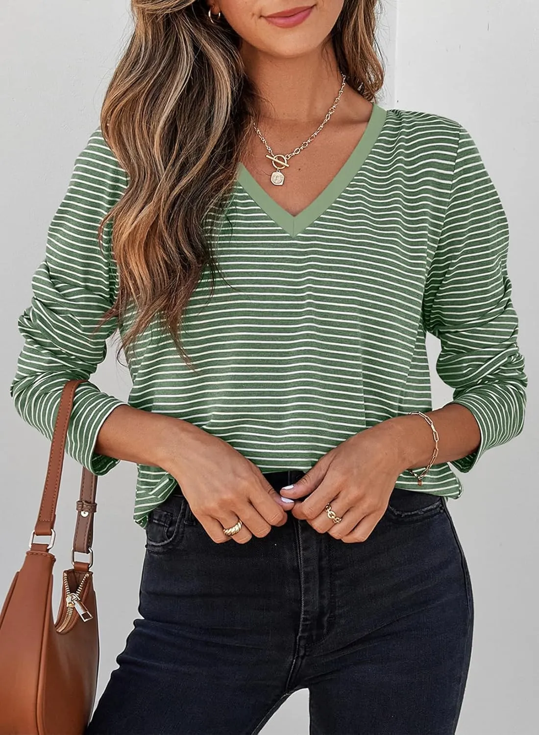 EVALESS Spring Summer Tops for Women Trendy V Neck Long Sleeve Shirts 2025 Basic T Shirts Loose Tee Clothes Casual Outfits
