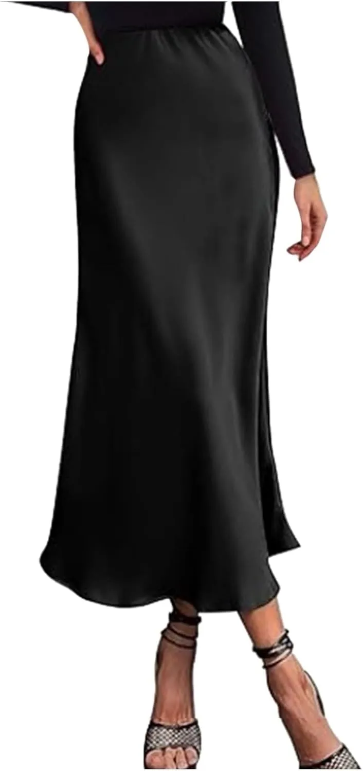 Faux Leather Pleated Skirt Womens Elegant High Waist Skirt Solid Satin Dress Elegant Elastic Waist Skirt Stringy