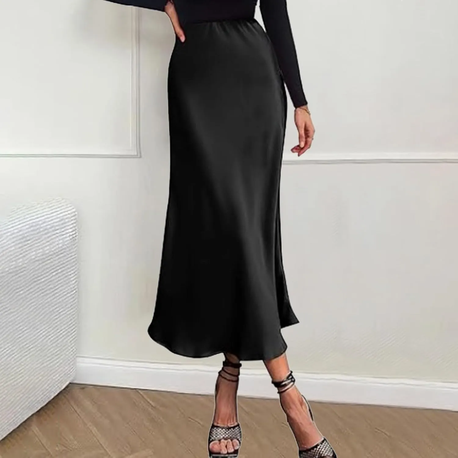Faux Leather Pleated Skirt Womens Elegant High Waist Skirt Solid Satin Dress Elegant Elastic Waist Skirt Stringy