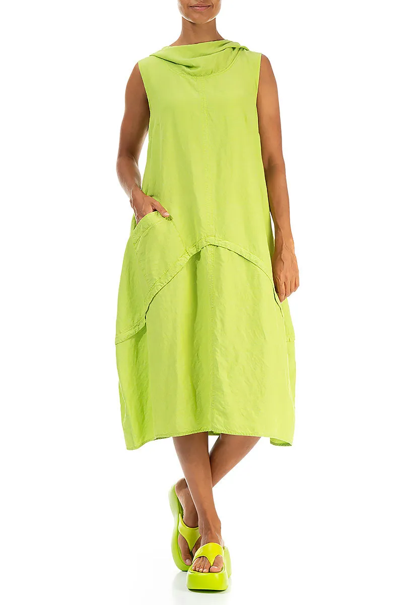 Hooded Sleeveless Balloon Lime Linen Dress