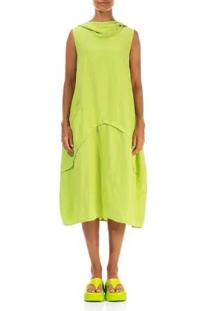 Hooded Sleeveless Balloon Lime Linen Dress