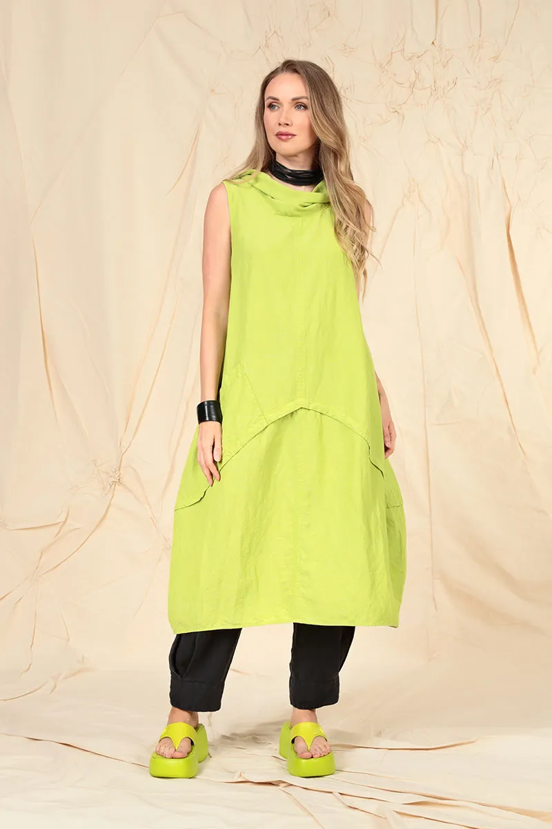 Hooded Sleeveless Balloon Lime Linen Dress