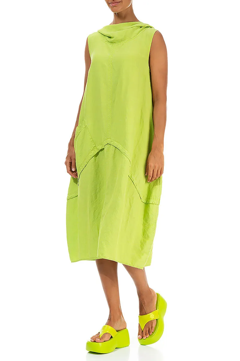 Hooded Sleeveless Balloon Lime Linen Dress
