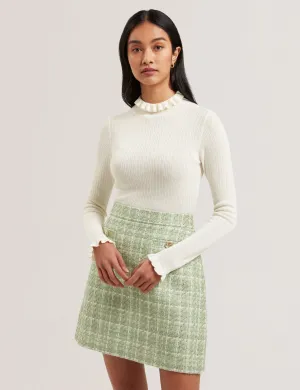 Janittt Rib Funnel Neck Frill Jumper Ivory