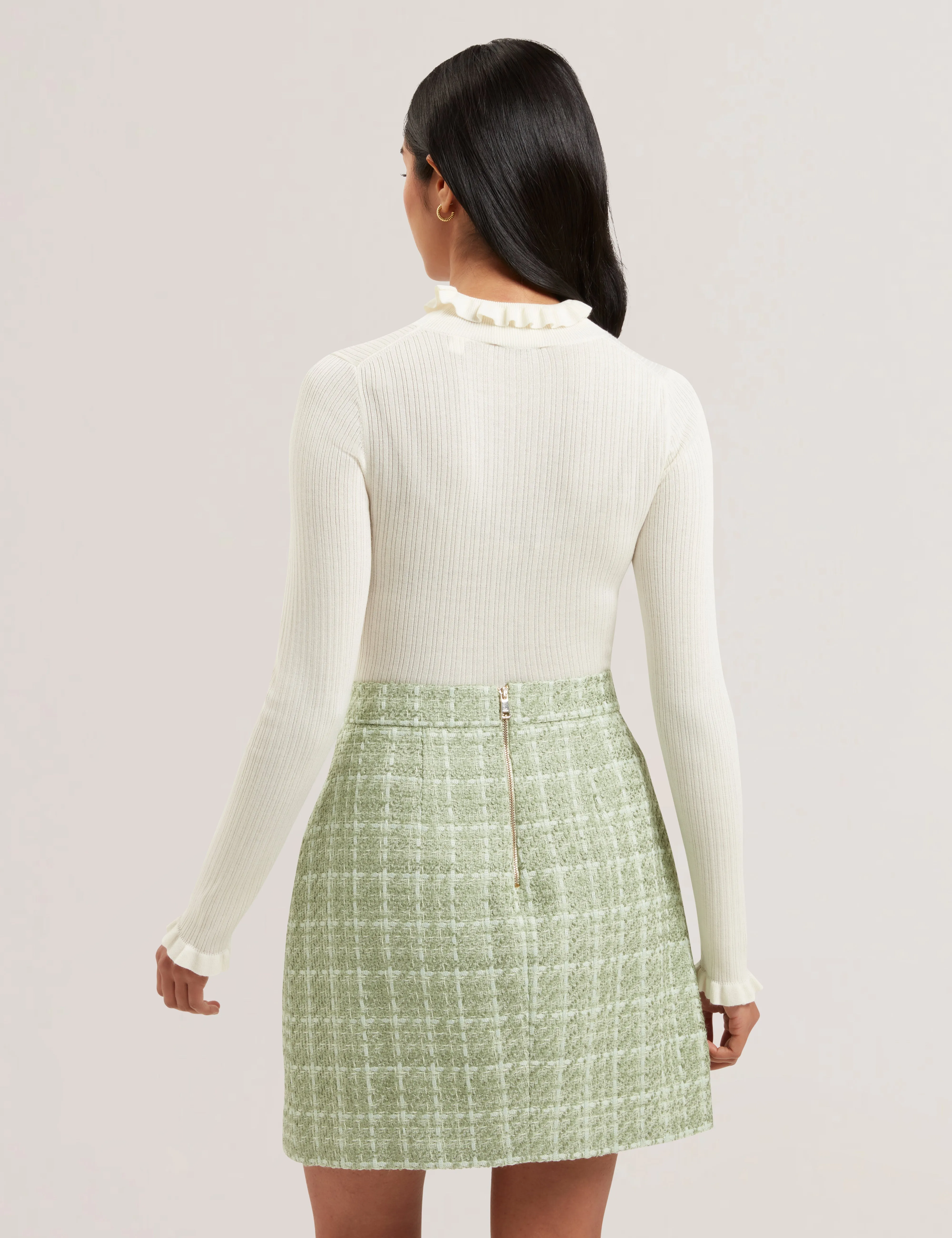 Janittt Rib Funnel Neck Frill Jumper Ivory