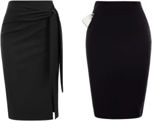 Kate Kasin Women Solid Pencil Skirt with Pockets and Bow Tie Pencil Skirt