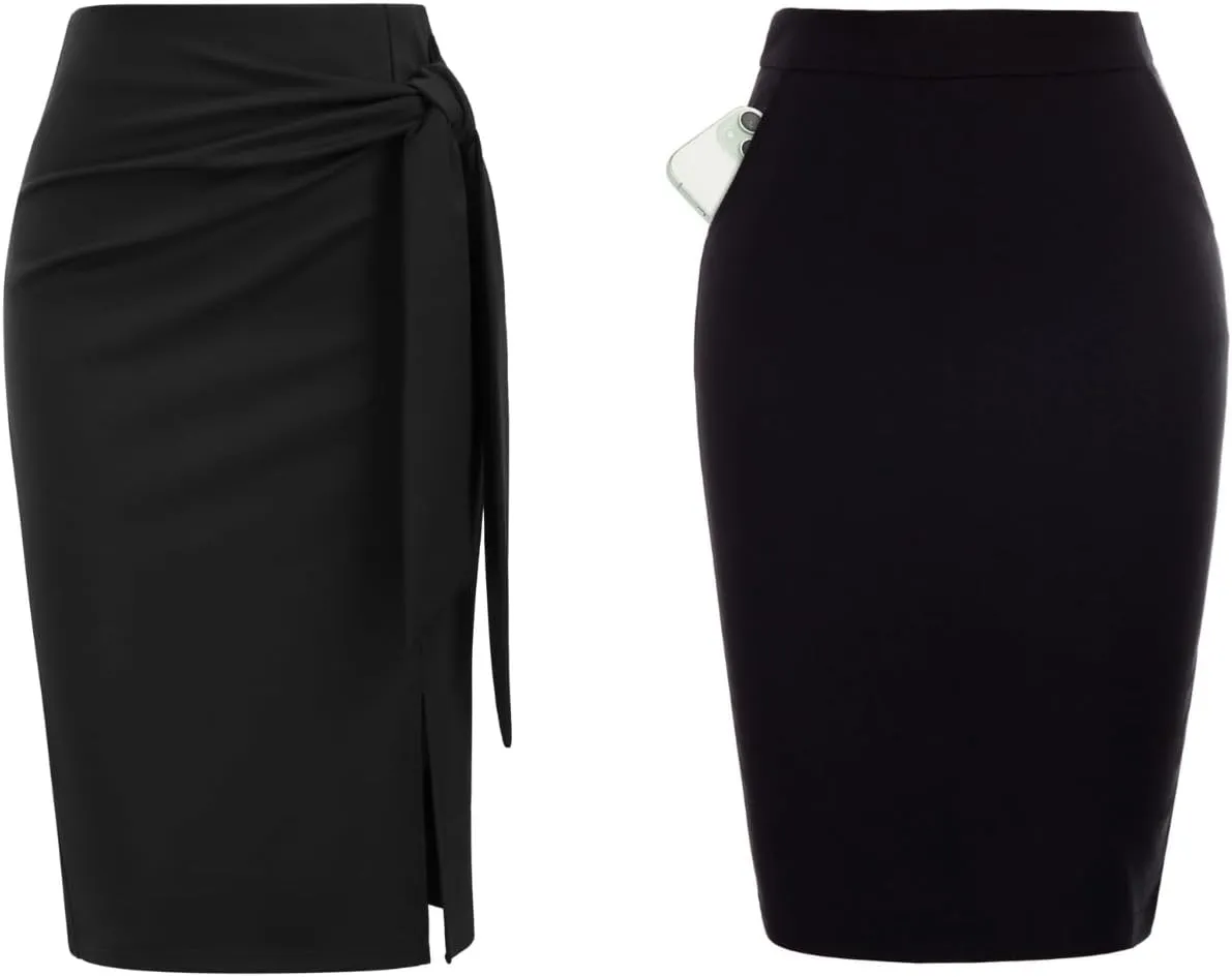 Kate Kasin Women Solid Pencil Skirt with Pockets and Bow Tie Pencil Skirt