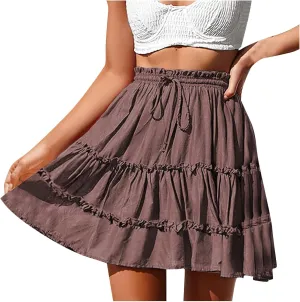 Lightweight Skirts for Women with Drawstring Layered Soft Flowy Swing High Waist Trendy Summer Beach Skirt