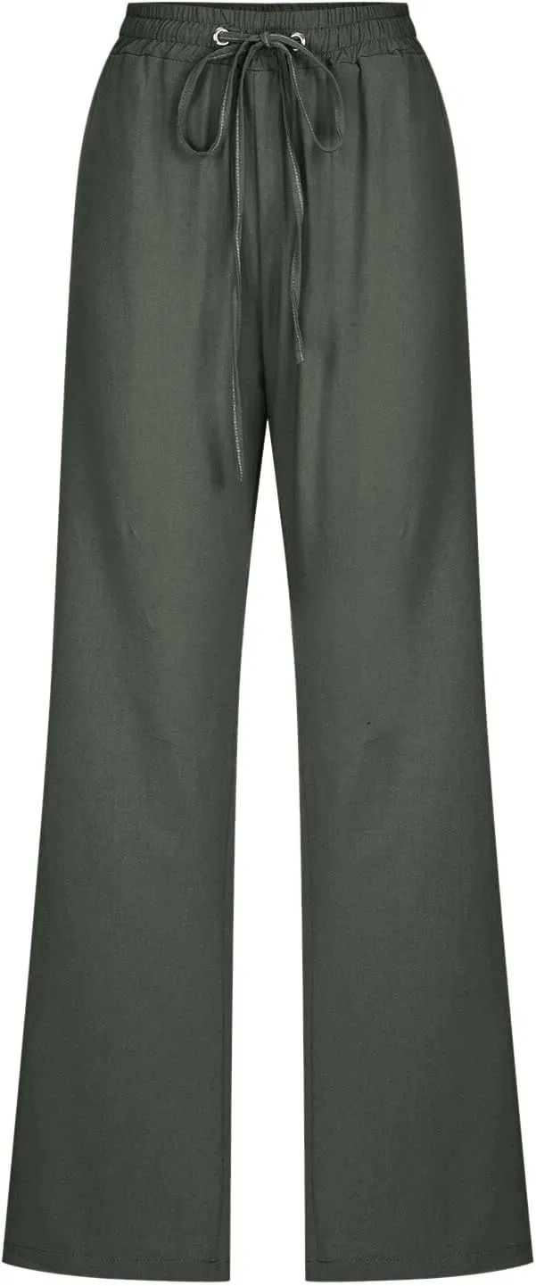 Linen Pants for Women High Waist Casual Wide Leg Trouser Drawstring Summer Pant with Pocket Beach Palazzo Sweatpant