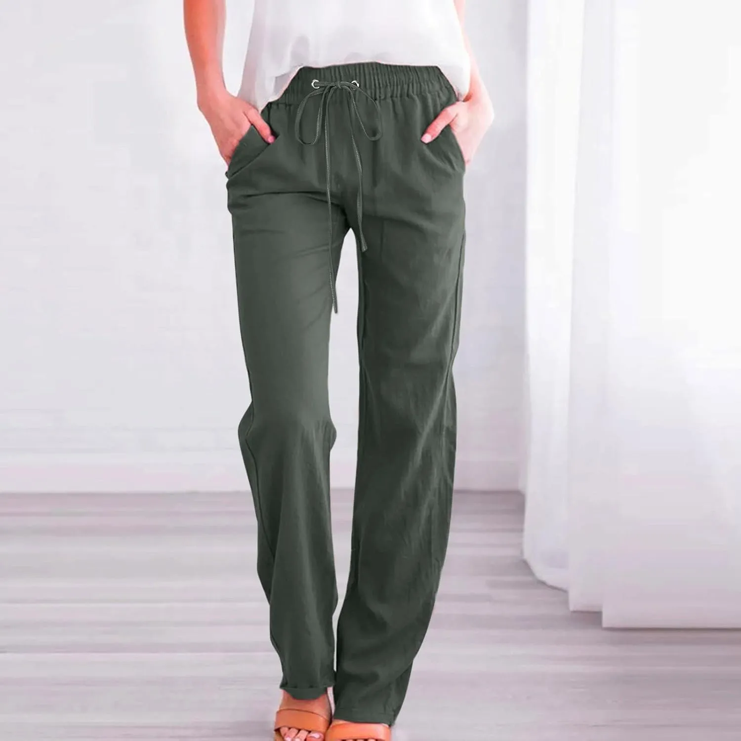 Linen Pants for Women High Waist Casual Wide Leg Trouser Drawstring Summer Pant with Pocket Beach Palazzo Sweatpant