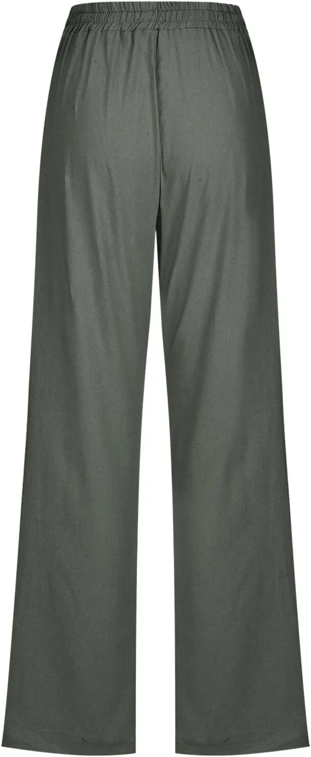 Linen Pants for Women High Waist Casual Wide Leg Trouser Drawstring Summer Pant with Pocket Beach Palazzo Sweatpant