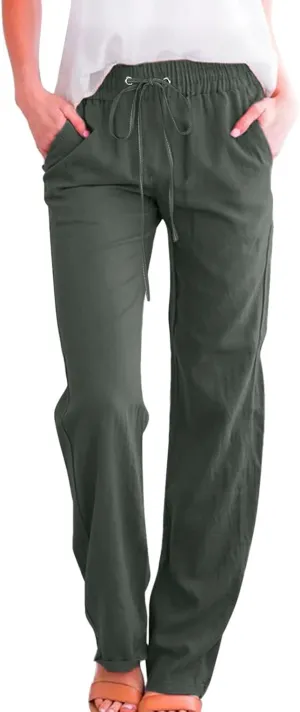 Linen Pants for Women High Waist Casual Wide Leg Trouser Drawstring Summer Pant with Pocket Beach Palazzo Sweatpant