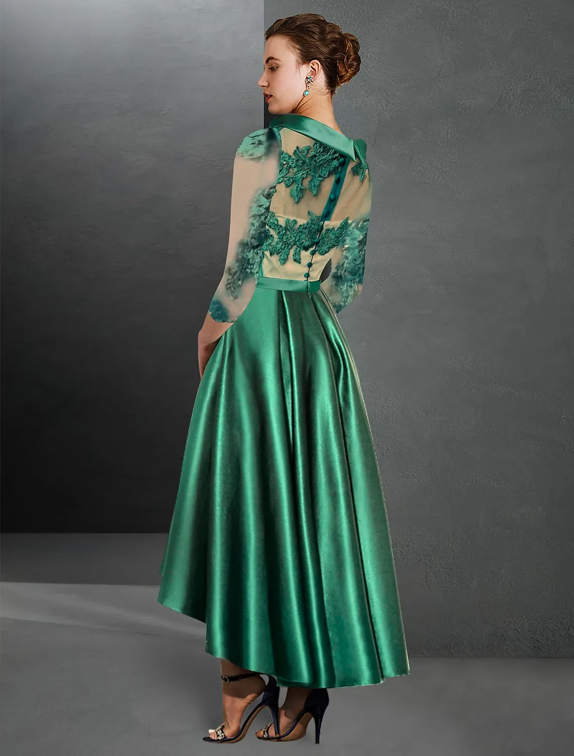 Luolandi A-Line Cocktail Dresses Elegant Dress Formal Asymmetrical 3/4 Length Sleeve Jewel Neck Satin with Pleats Mother of the Bride Dress