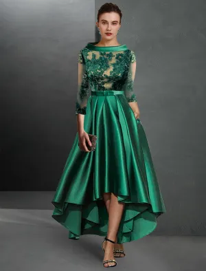 Luolandi A-Line Cocktail Dresses Elegant Dress Formal Asymmetrical 3/4 Length Sleeve Jewel Neck Satin with Pleats Mother of the Bride Dress