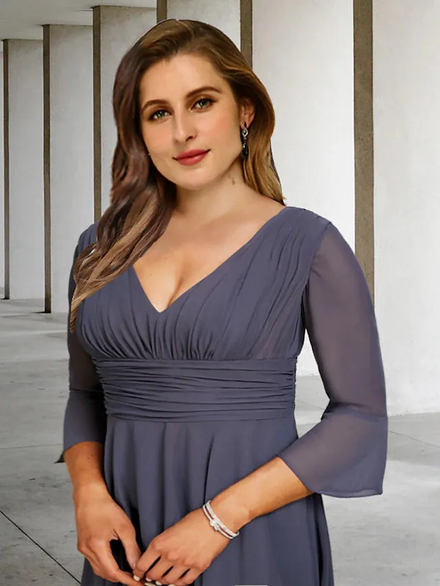 Luolandi A-Line Plus Size Curve Mother of the Bride Dresses Elegant Dress Formal Asymmetrical 3/4 Length Sleeve V Neck Chiffon with Slit