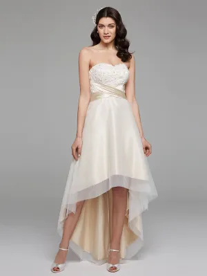 Luolandi A-Line Wedding Dresses Sweetheart Neckline Asymmetrical Satin Floral Lace Strapless Simple Plus Size with Bowknot Sash Ribbon