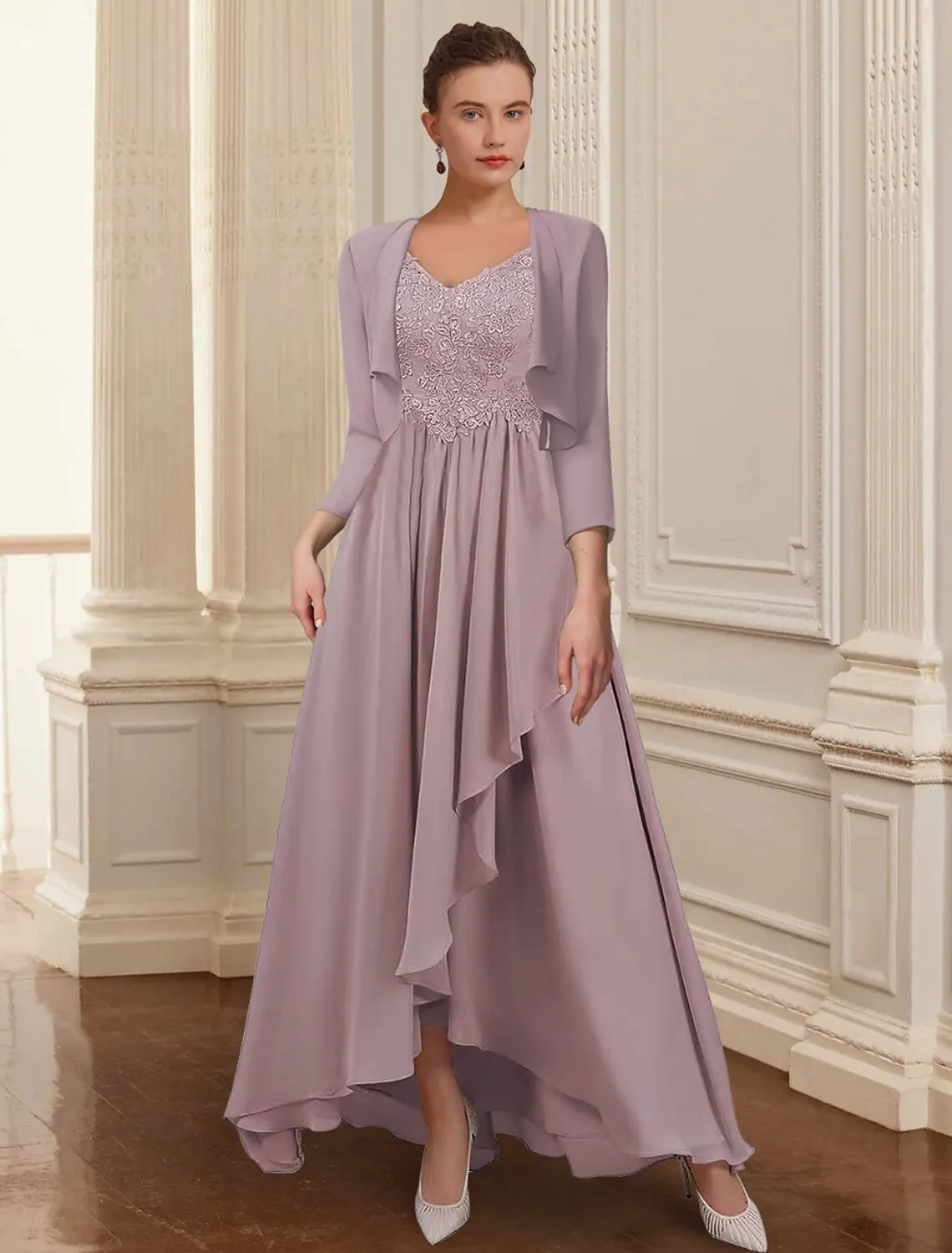 Luolandi Two Piece A-Line Mother of the Bride Dress Formal Wedding Guest Elegant High Low V Neck Asymmetrical Ankle Length Chiffon Lace 3/4 Length Sleeve Jacket Dresses