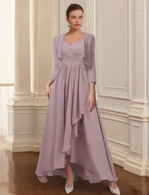 Luolandi Two Piece A-Line Mother of the Bride Dress Formal Wedding Guest Elegant High Low V Neck Asymmetrical Ankle Length Chiffon Lace 3/4 Length Sleeve Jacket Dresses