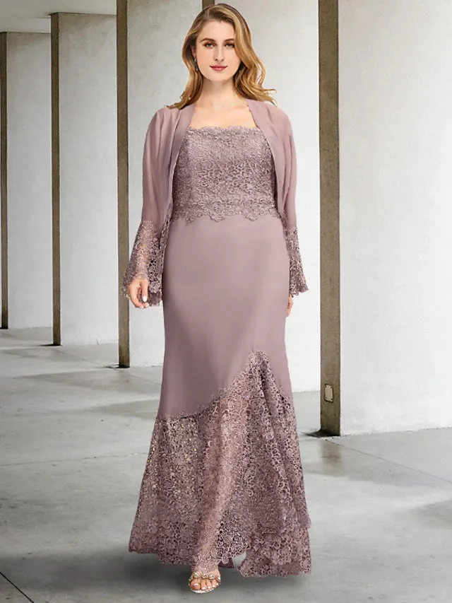 Luolandi Two Piece A-Line Plus Size Curve Mother of the Bride Dresses Elegant Dress Formal Asymmetrical Sleeveless Square Neck Chiffon with Appliques