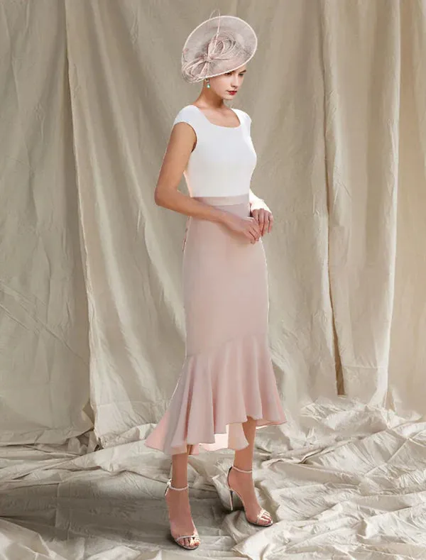Luolandi Two Piece Mermaid / Trumpet Mother of the Bride Dress Church Elegant High Low Square Neck Asymmetrical Tea Length Stretch Chiffon Sleeveless Short Jacket Dresses