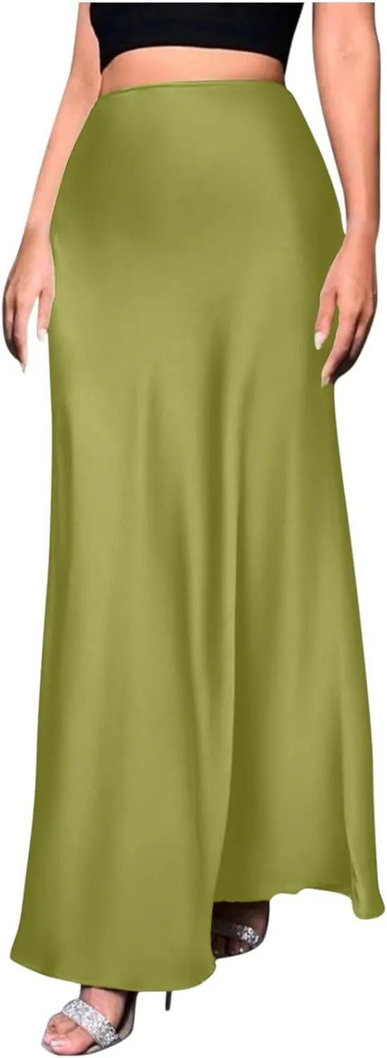 Maxi Skirts for Women Smooth Stain A Line Pure Skirt Hide Zip Trendy Skirts Stretch Long Comfort Casual Skirt