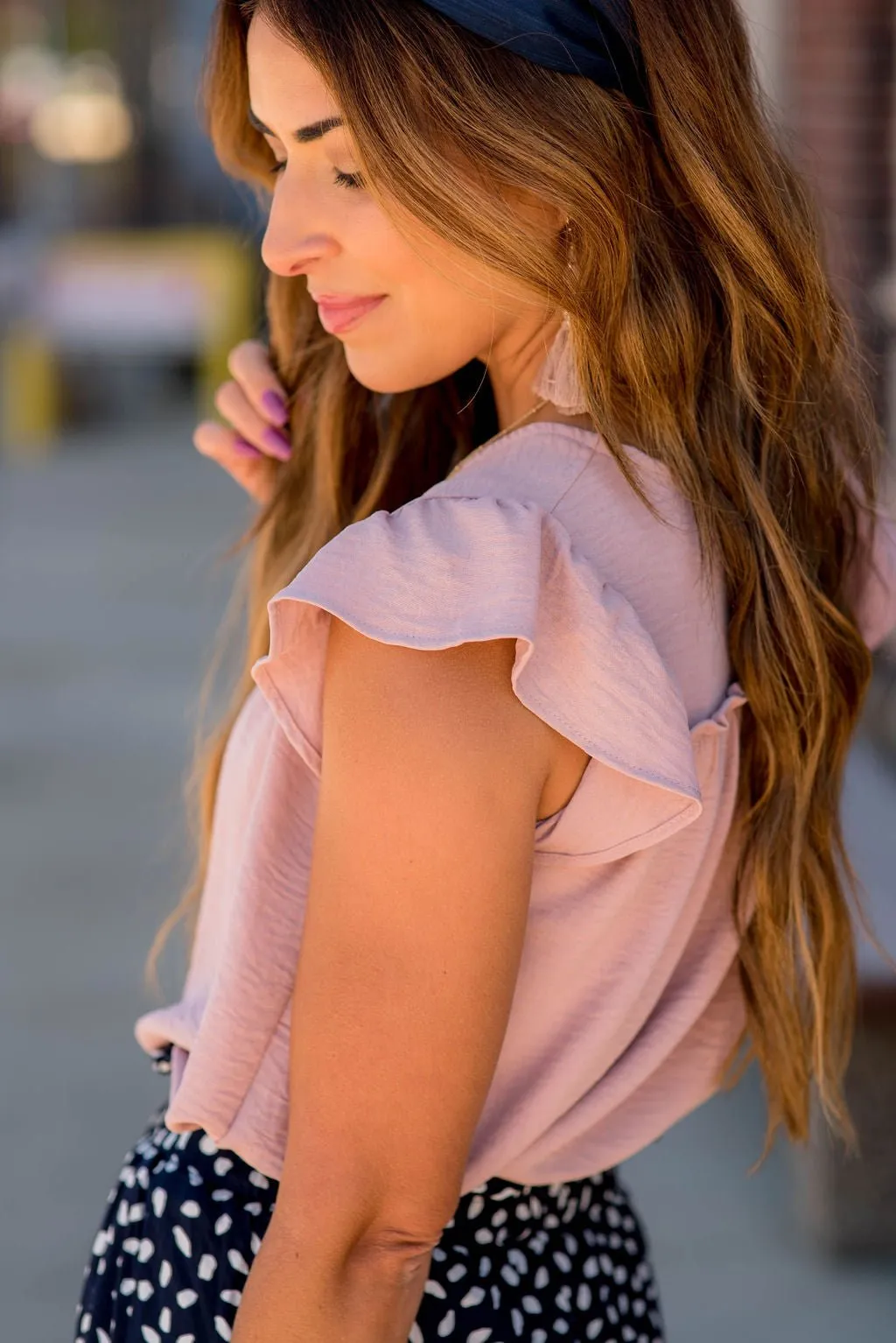 Mid Ruffle Accent Flutter Sleeve Tee