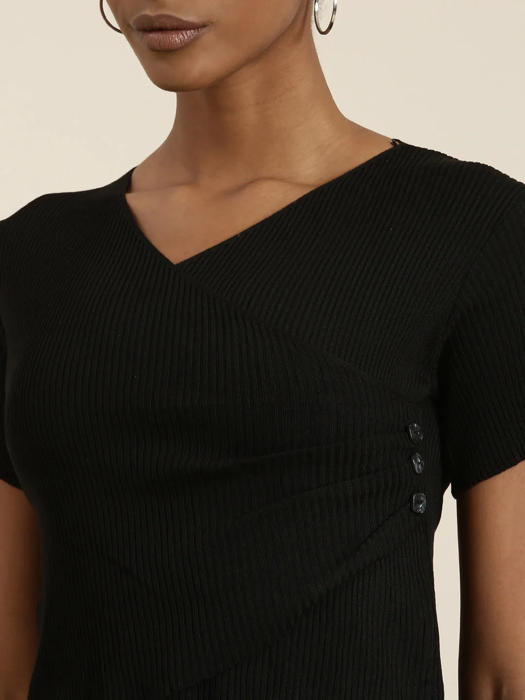 Women Black V-Neck Wrap Crop Top