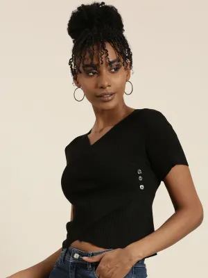 Women Black V-Neck Wrap Crop Top