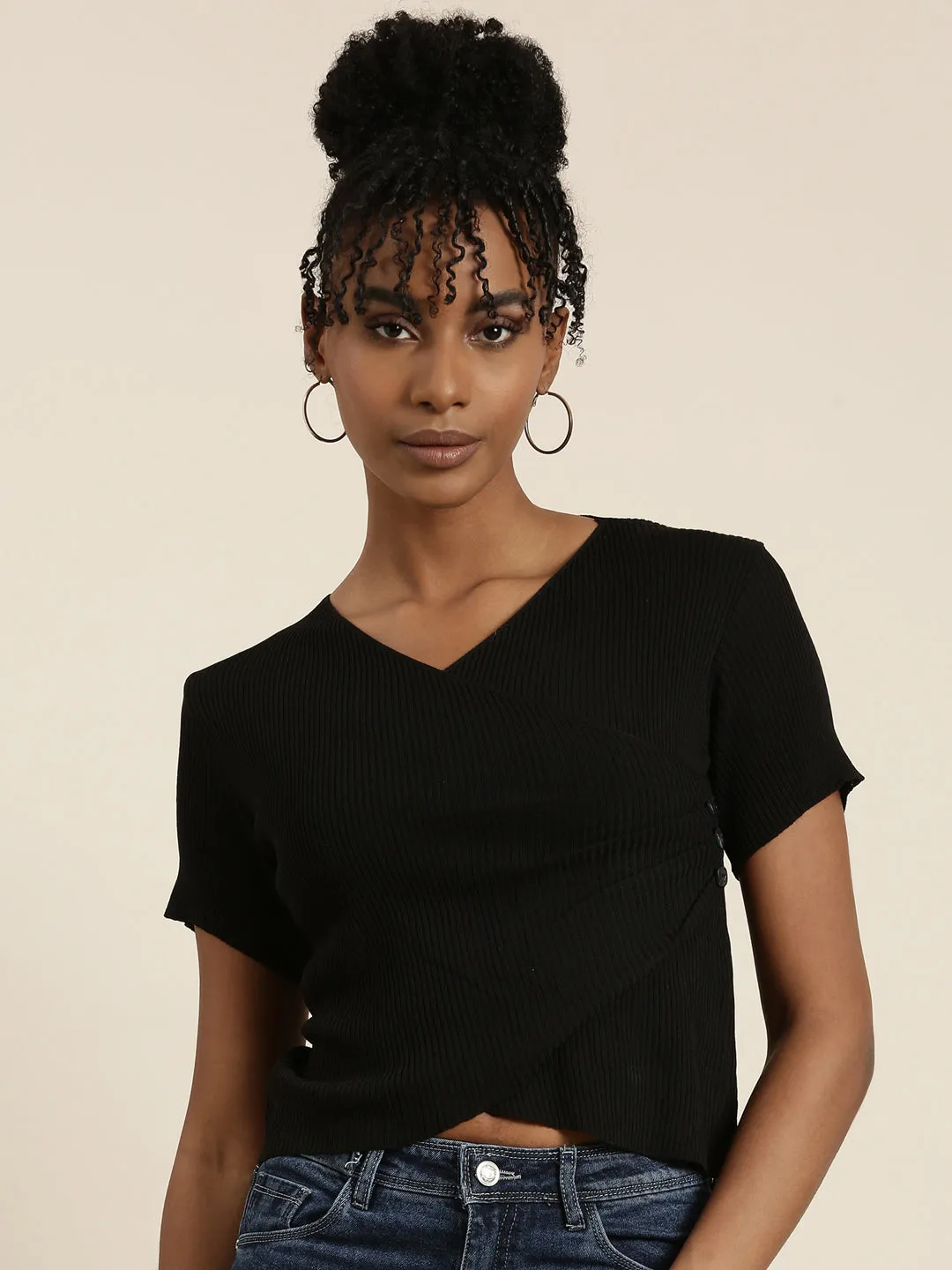 Women Black V-Neck Wrap Crop Top