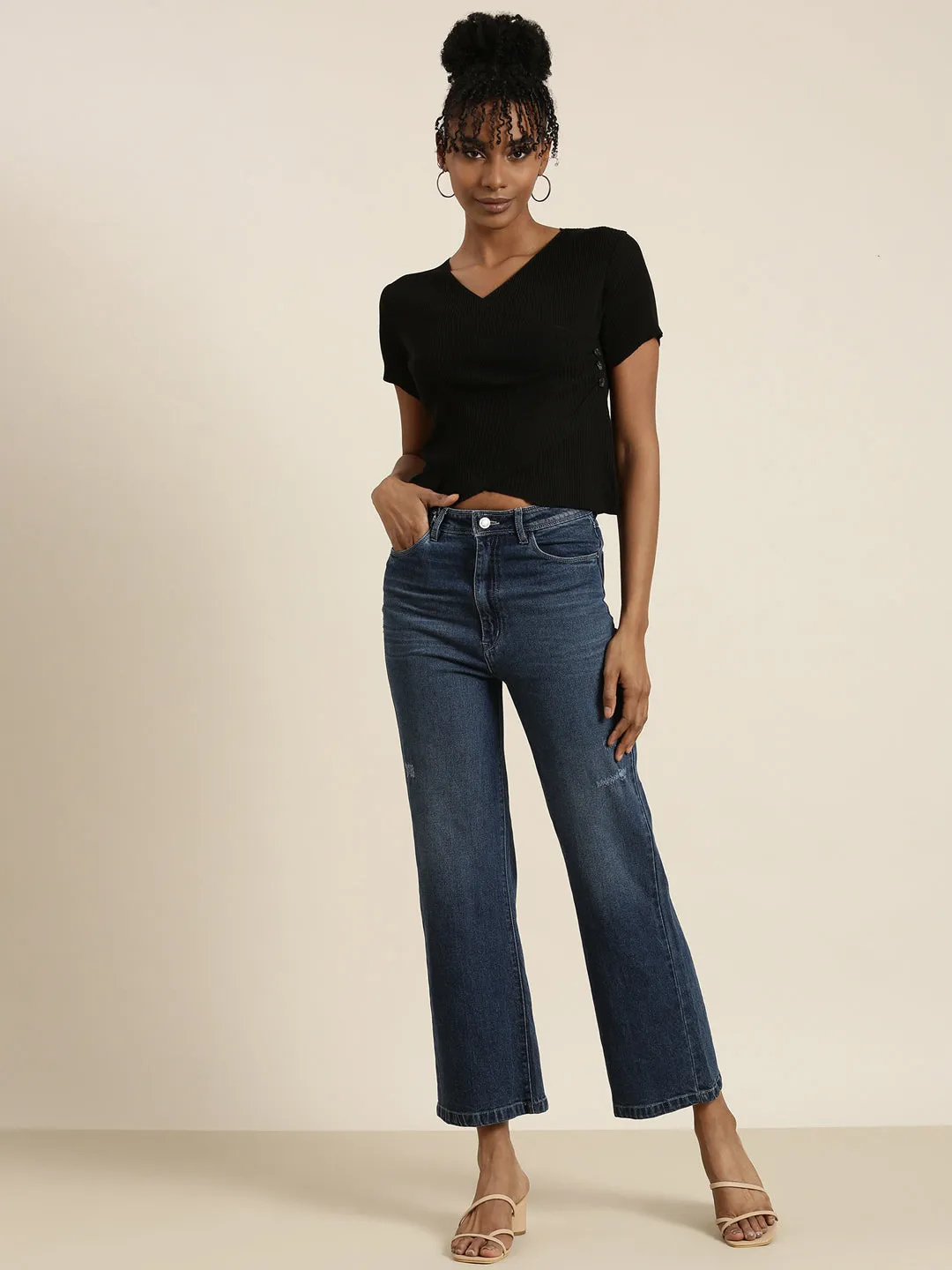 Women Black V-Neck Wrap Crop Top