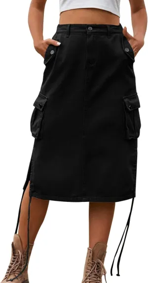 Women Elegant Skirt Cargo Midi Elegant Pencil Skirt Beach Maxi Sexy Skirts Elastic Waisted Pencil Skirt for Women Black-a