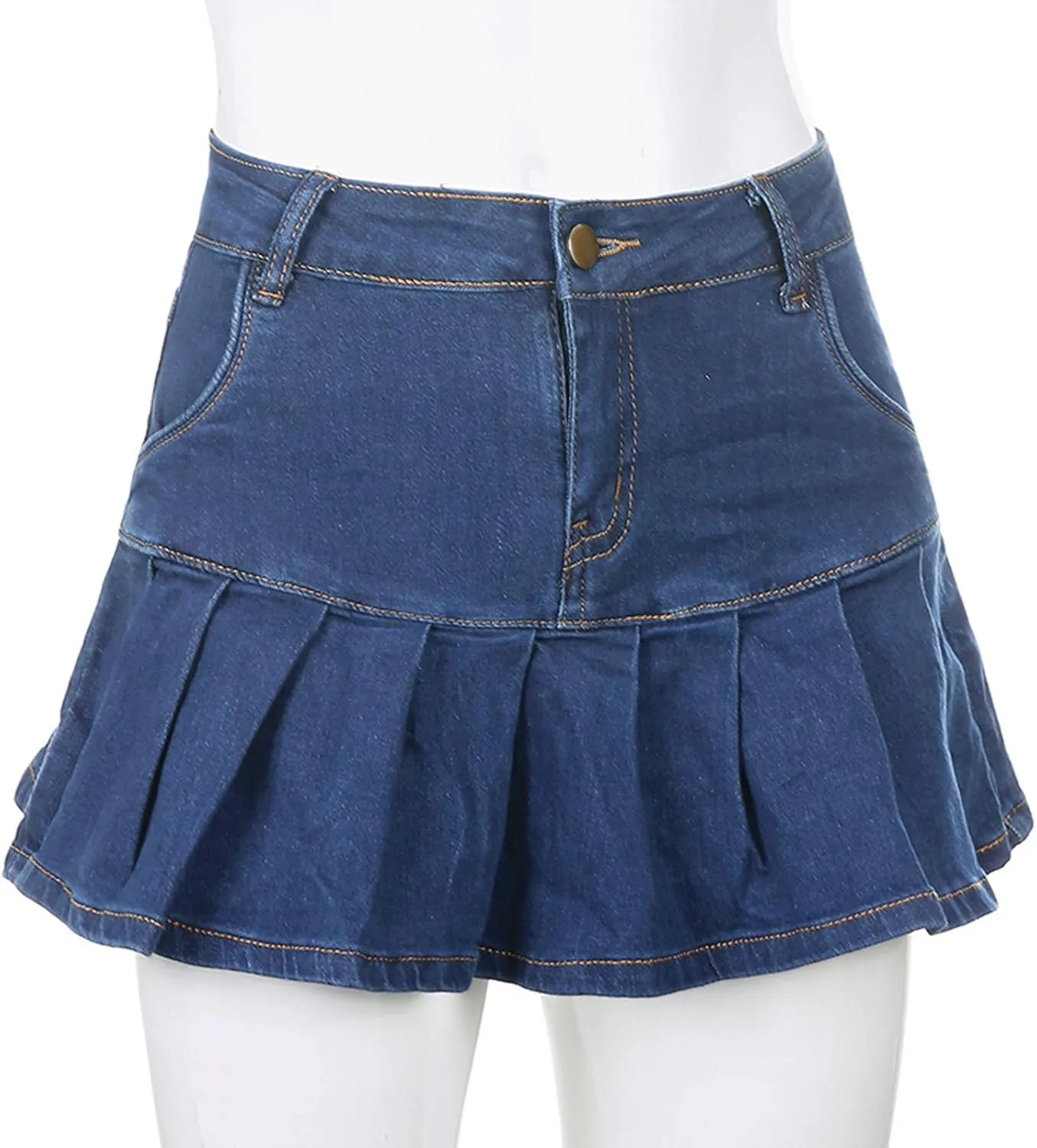 Womens Mini Denim Skirts Casual Stretch Slim Zipper Jean Skirt High Waisted Pleated Skirt Streetwear Skirt with Pocket