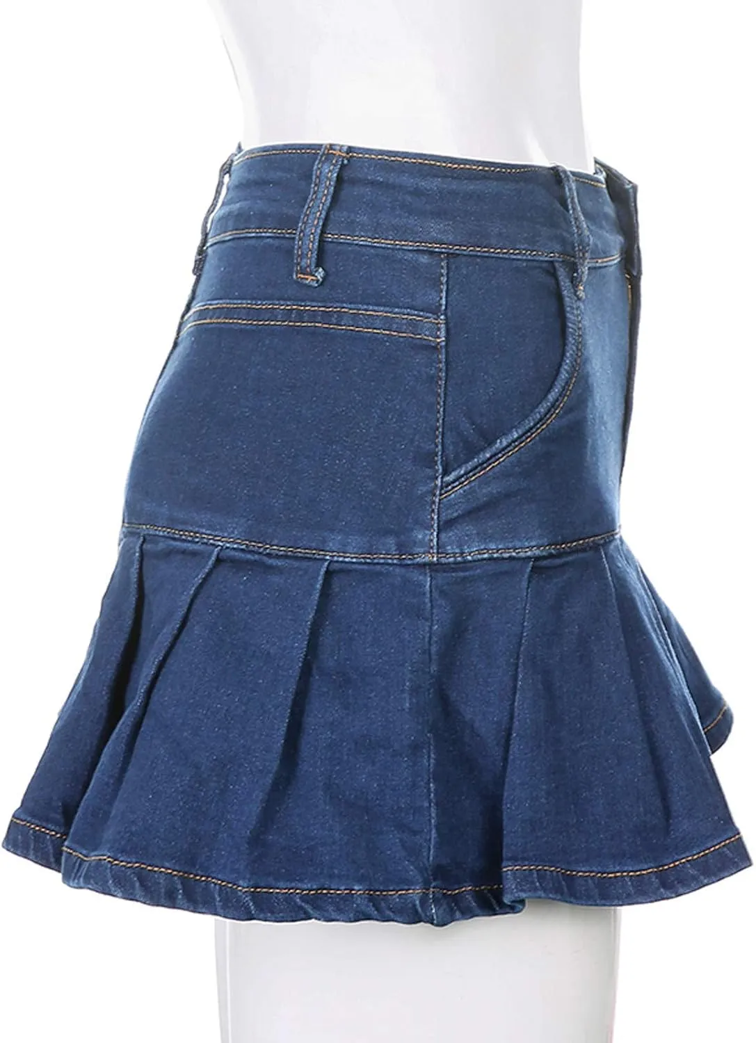 Womens Mini Denim Skirts Casual Stretch Slim Zipper Jean Skirt High Waisted Pleated Skirt Streetwear Skirt with Pocket