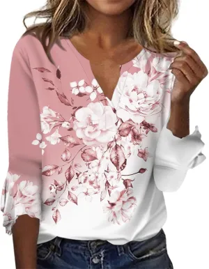 Women's Summer Tops Floral Print V Neck Basic Tees Bell 3/4 Sleeve Loose Casual Tunic Tops Summer Baggy Work Tops