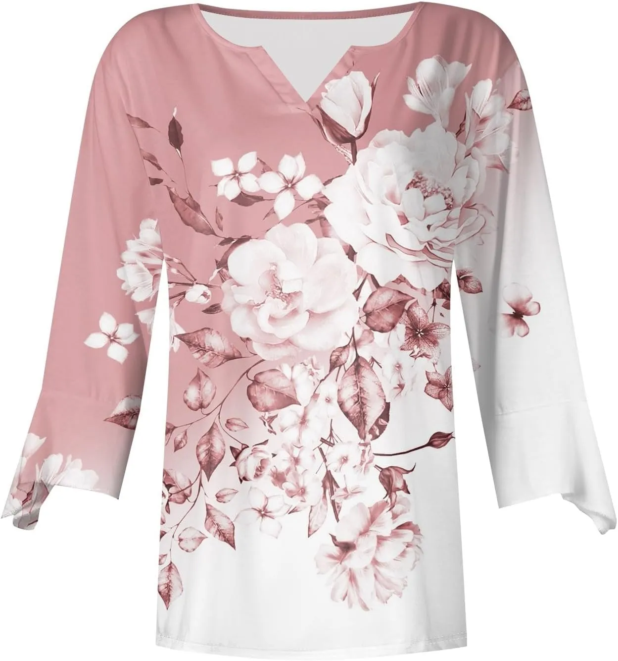 Women's Summer Tops Floral Print V Neck Basic Tees Bell 3/4 Sleeve Loose Casual Tunic Tops Summer Baggy Work Tops