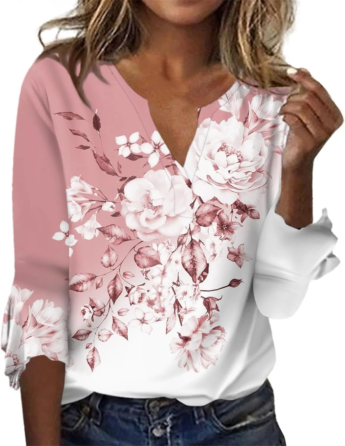 Women's Summer Tops Floral Print V Neck Basic Tees Bell 3/4 Sleeve Loose Casual Tunic Tops Summer Baggy Work Tops