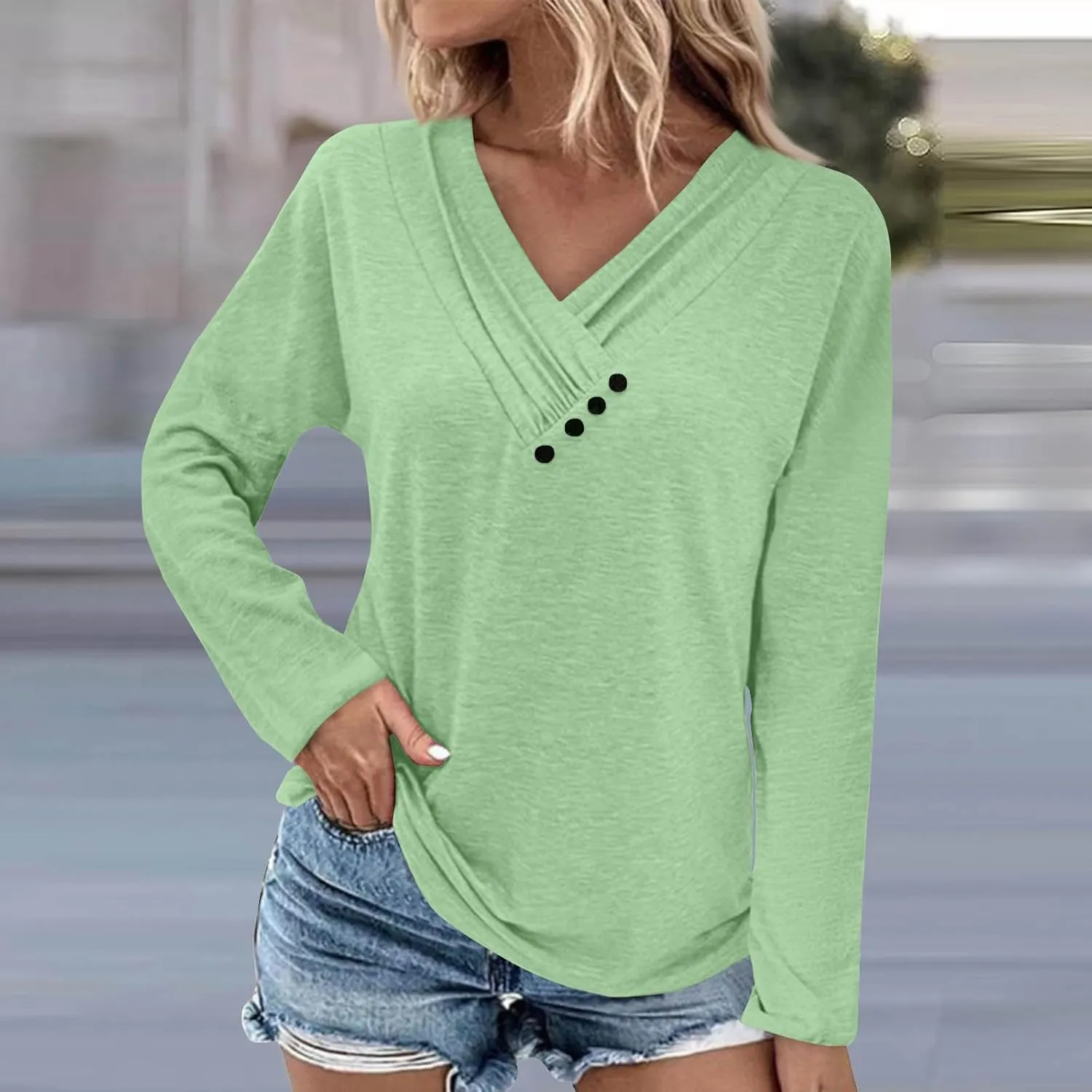 Womens Tops Button V Neck Long Sleeve T Shirt Chest Panel Ruched Solid Color Sweatshirts Lightweight Pullover