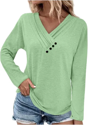 Womens Tops Button V Neck Long Sleeve T Shirt Chest Panel Ruched Solid Color Sweatshirts Lightweight Pullover
